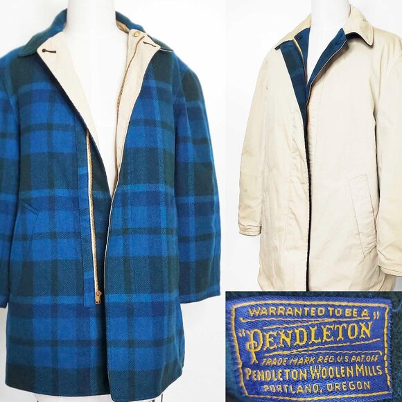 Vintage Pendleton Men's Reversible Wool Plaid Jacket Parka Tan Blue - Picture 1 of 10